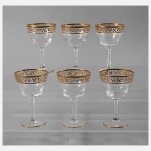 Sechs Likörgläser mit Ätzglasbordüre