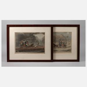 Zwei Graphiken mit Postkutschendarstellungen