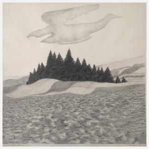 Udo Kaller, Hügelige Landschaft mit Baumgruppe