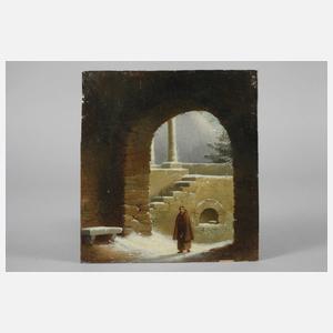 Mönch im verschneiten Klostertor