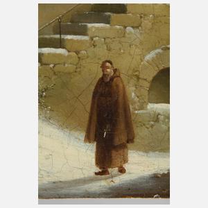 Mönch im verschneiten Klostertor