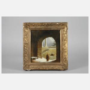 Mönch im verschneiten Klostertor