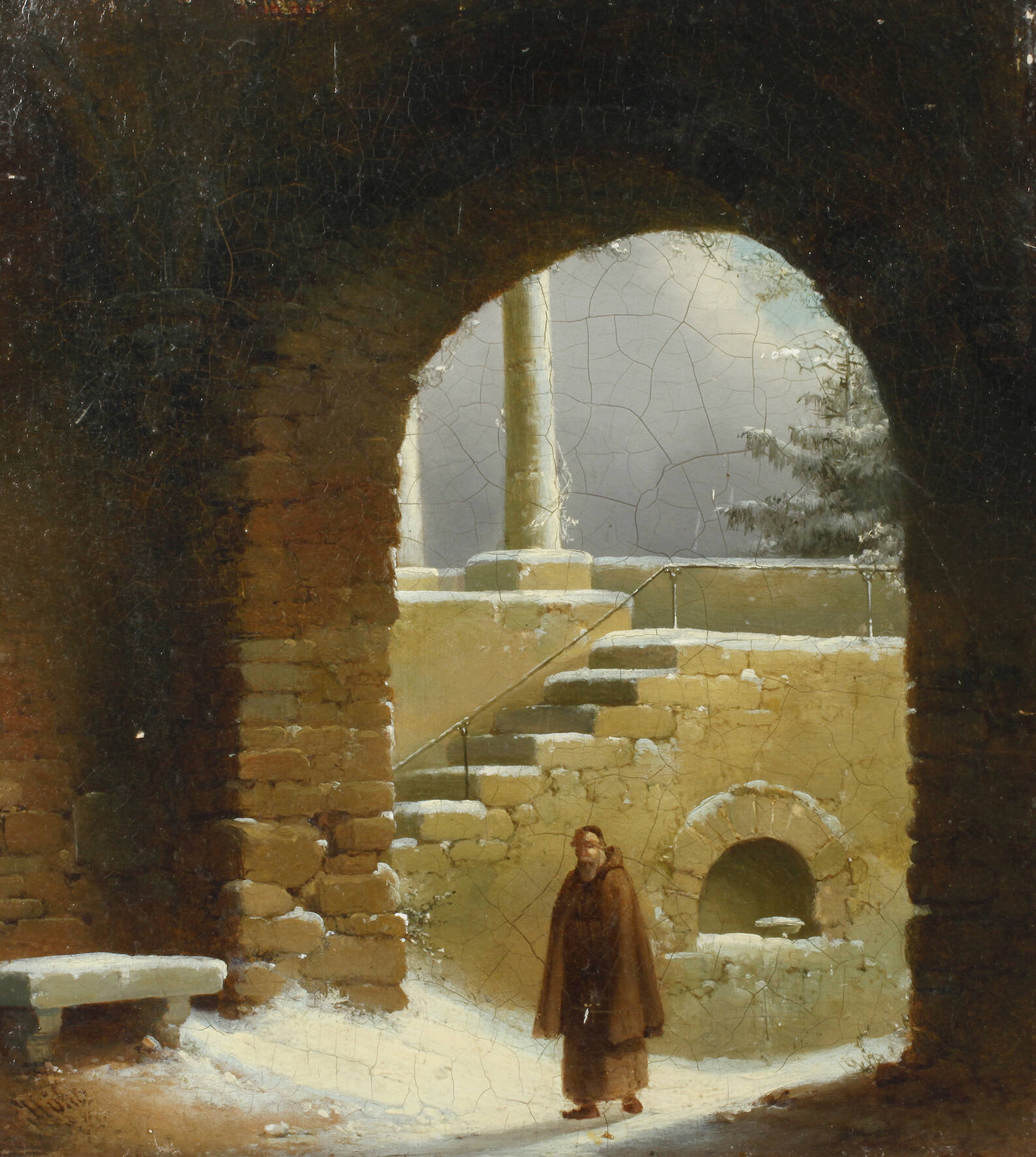 Mönch im verschneiten Klostertor