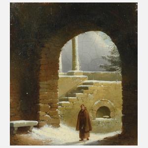 Mönch im verschneiten Klostertor
