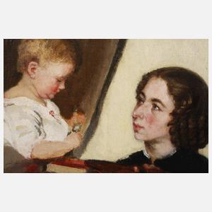 Malerin mit Kind im Atelier