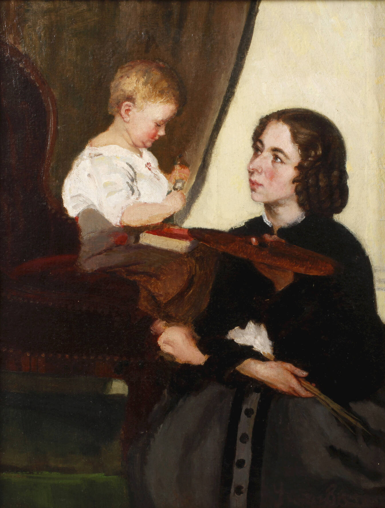 Malerin mit Kind im Atelier