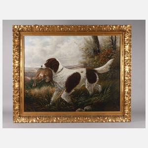 J. Heyn, Jagdhund mit Hasen