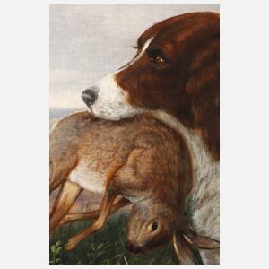 J. Heyn, Jagdhund mit Hasen