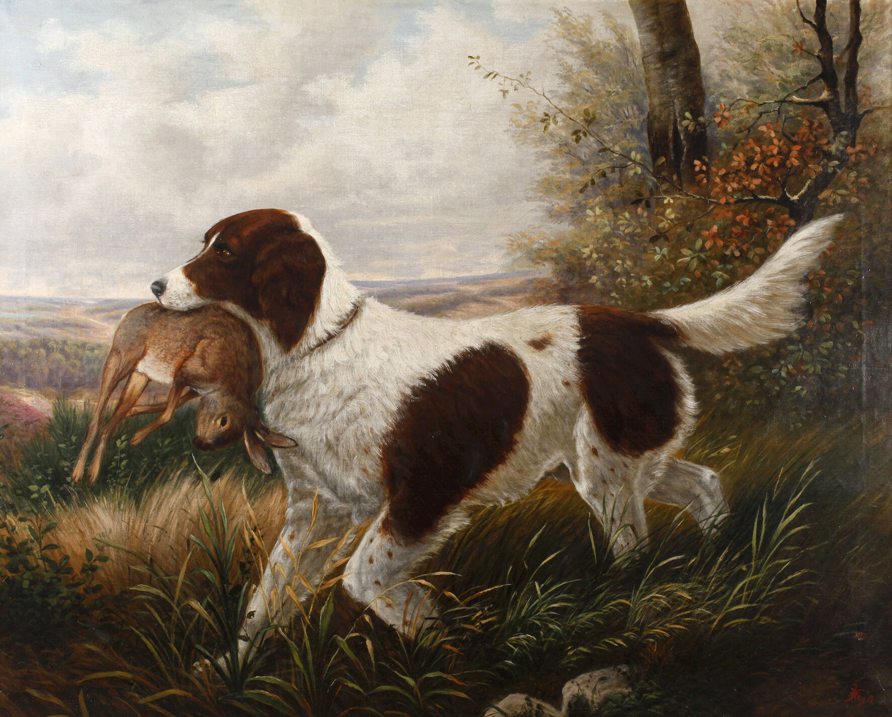 J. Heyn, Jagdhund mit Hasen