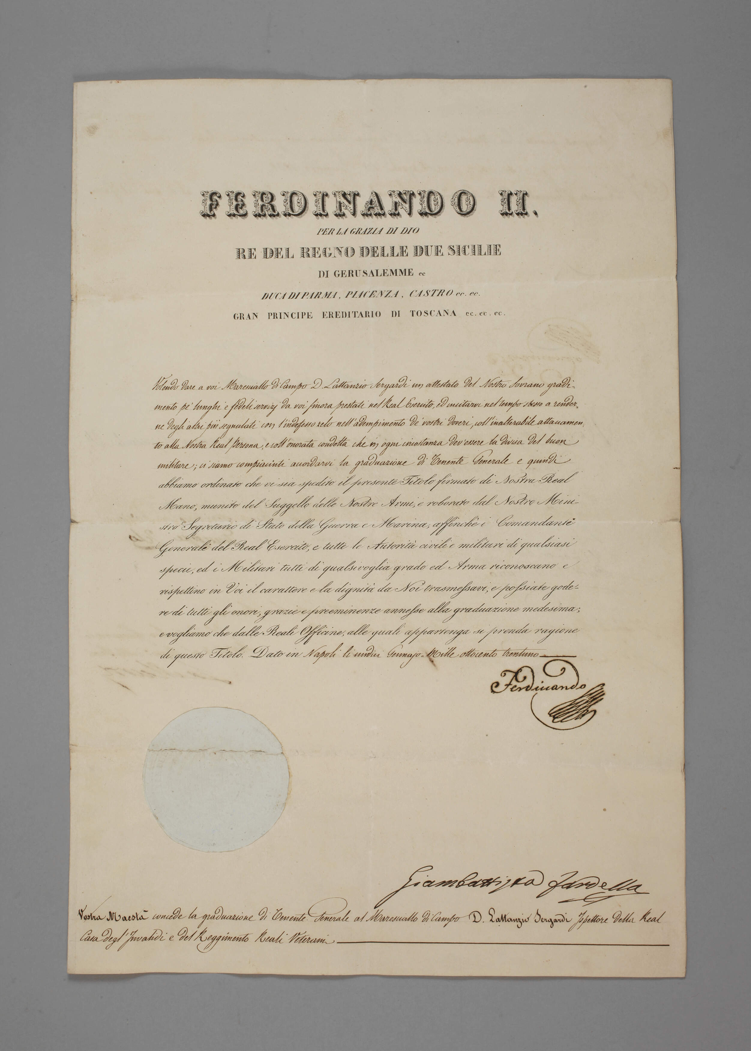 Brief von Ferdinand II., König beider Sizilien