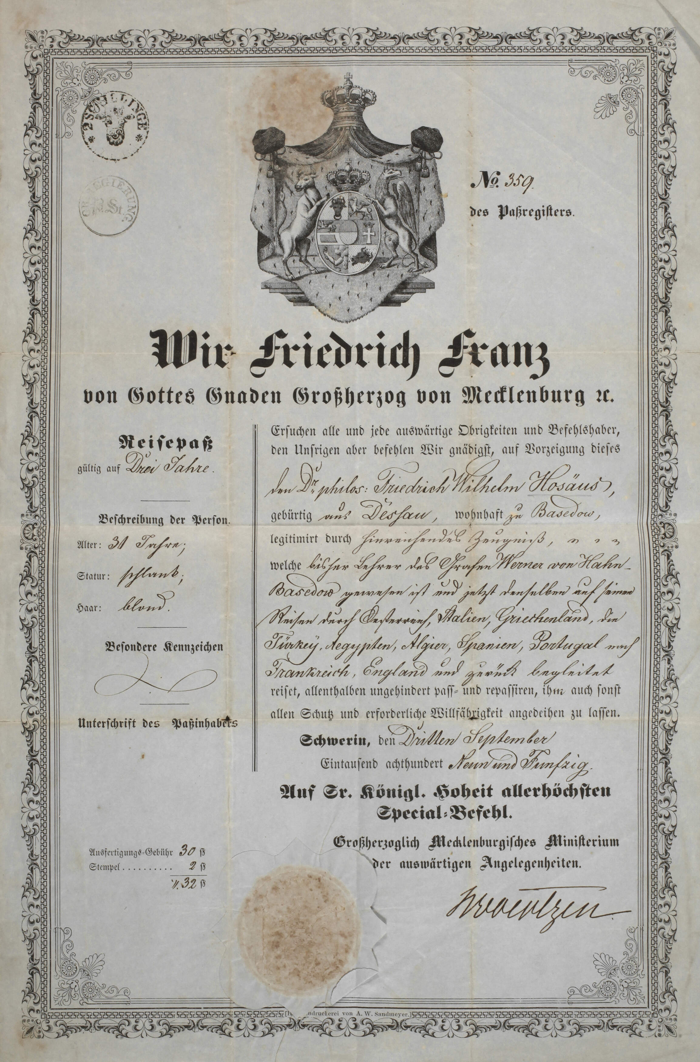 Reisepass für Friedrich Wilhelm Hosäus