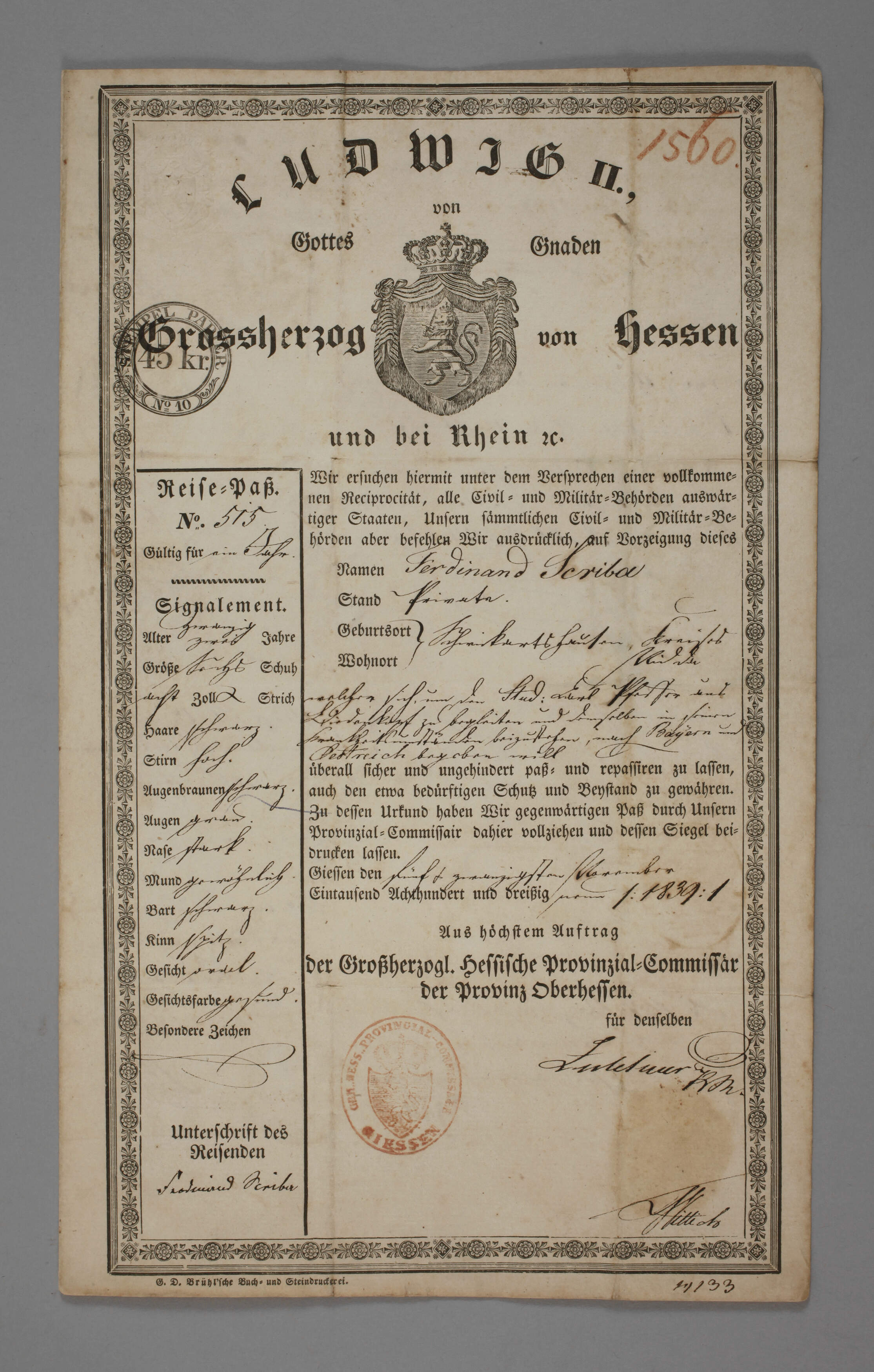 Reisepass für Ferdinand Scriba