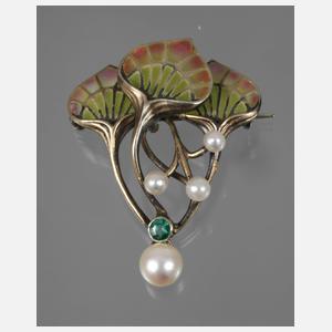 Brosche mit Fensteremaille und Perlen