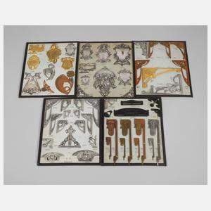 Fünf Tafeln mit Mustern von Jugendstil-Beschlägen