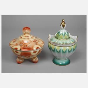 Zwei Deckeldosen Spritzdekor Art déco