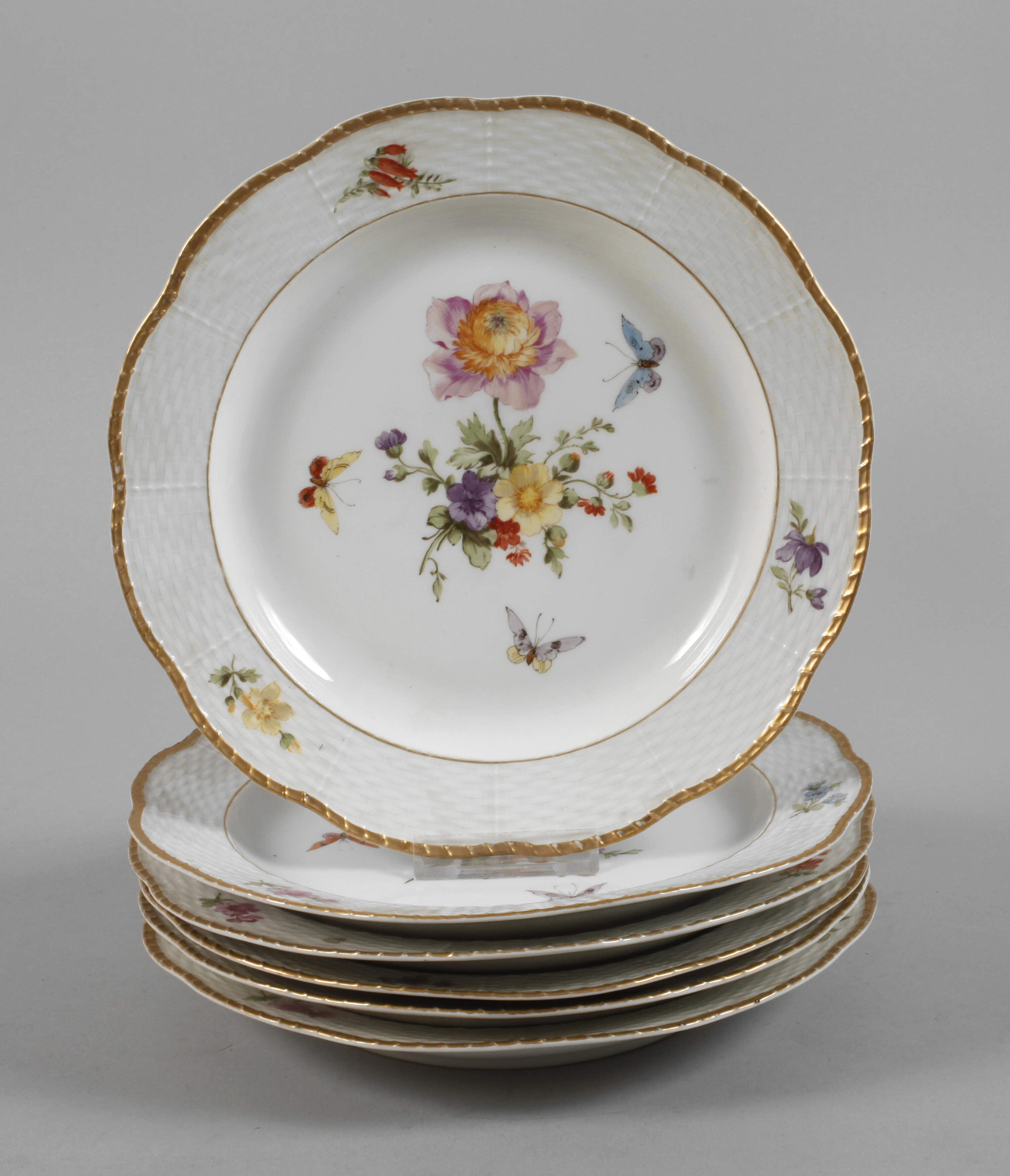 KPM Berlin sechs Speiseteller Blumen und Insekten
