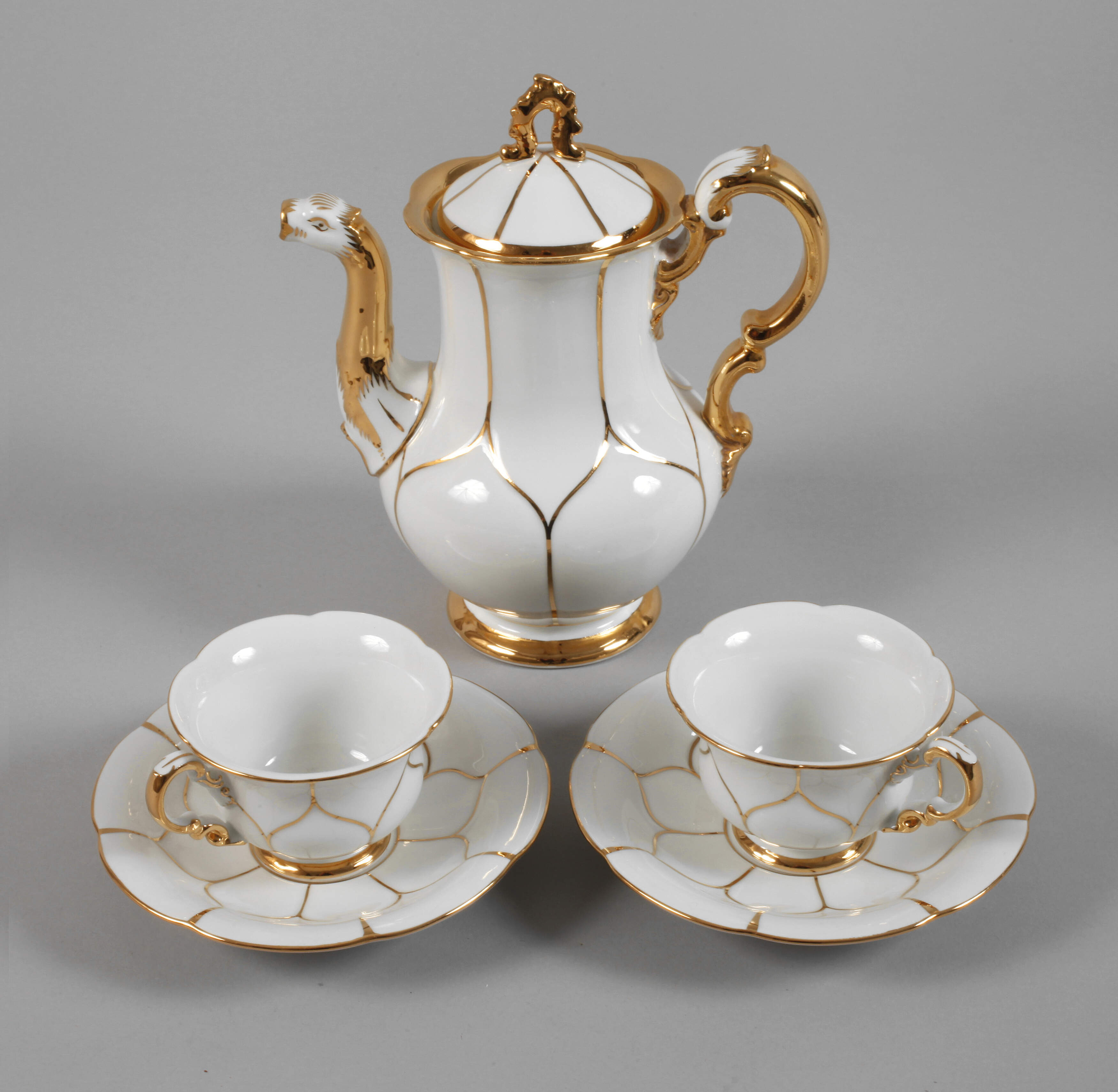 Meissen Mokkakanne und Paar Tassen "B-Form"