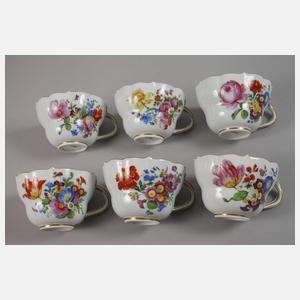 Meissen sechs Café au Lait-Tassen Blumenmalerei