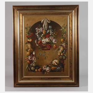 L. Blanco, Blumenstillleben mit Stieglitzen