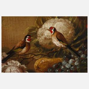 L. Blanco, Blumenstillleben mit Stieglitzen