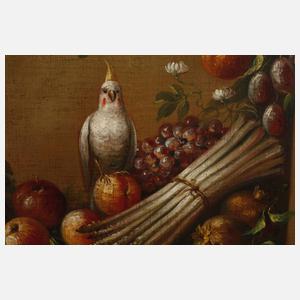 L. Blanco, Blumenstillleben mit Nymphensittich