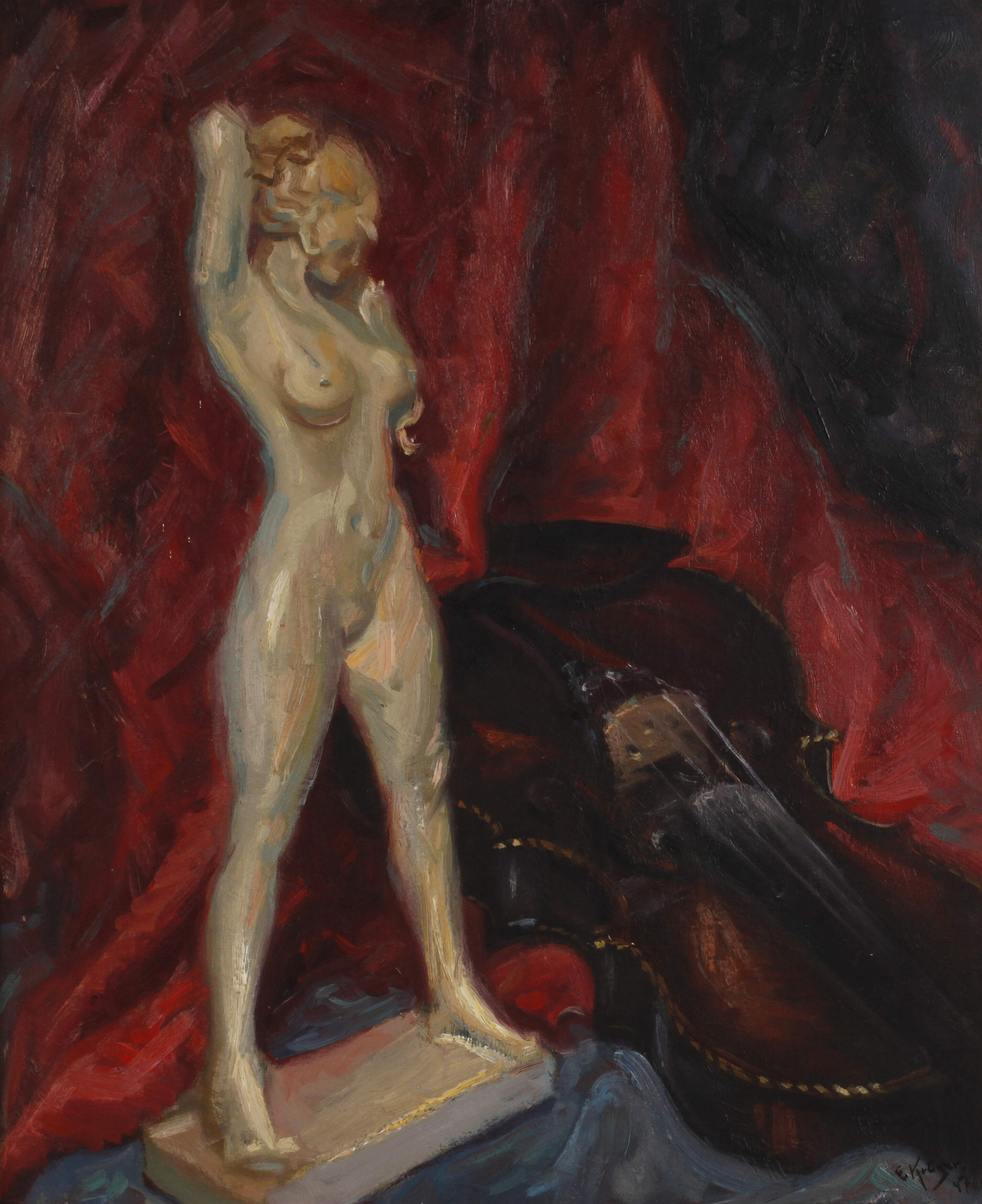 E. Krüger, Stillleben mit Porzellanfigur und Geige