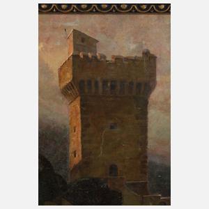 Wachturm an felsiger Küste im Sonnenuntergang