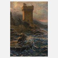 Wachturm an felsiger Küste im Sonnenuntergang111