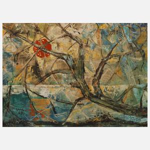 Abstrakte Seeuferlandschaft mit Baum