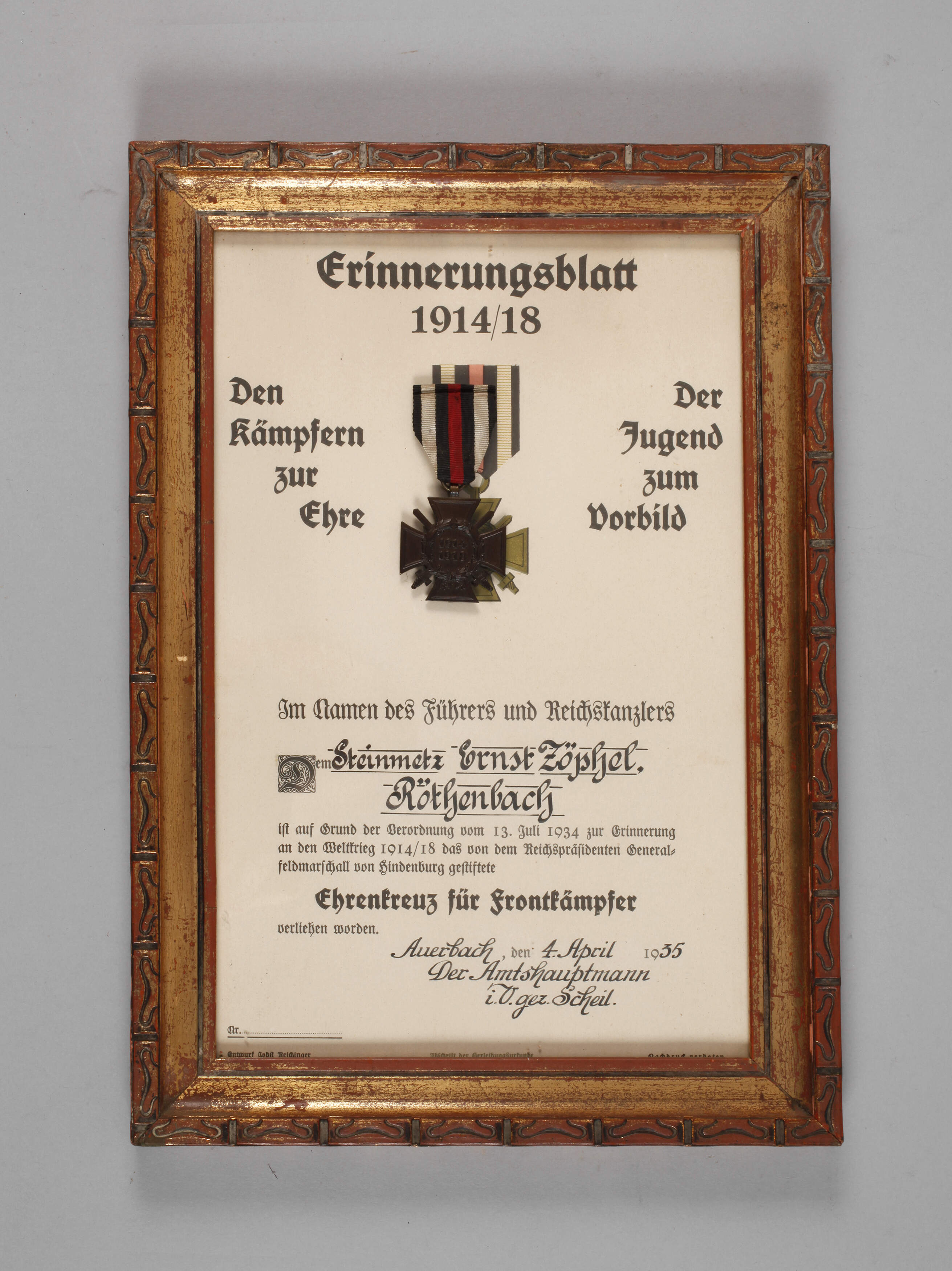 Frontkämpferehrenkreuz mit Schmuckurkunde
