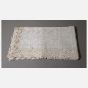 Tafeltuch Pfauendekor und Spitzenbesatz