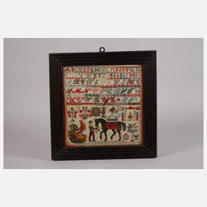 Gerahmtes Stickmustertuch mit Pferdemotiv