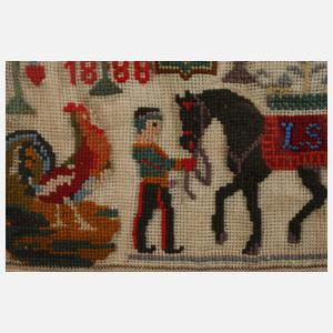 Gerahmtes Stickmustertuch mit Pferdemotiv