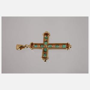 Kreuzanhänger mit Diamanten und Smaragden