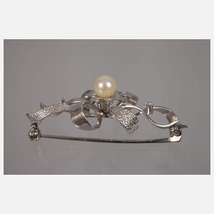 Brosche mit Perle und Brillanten