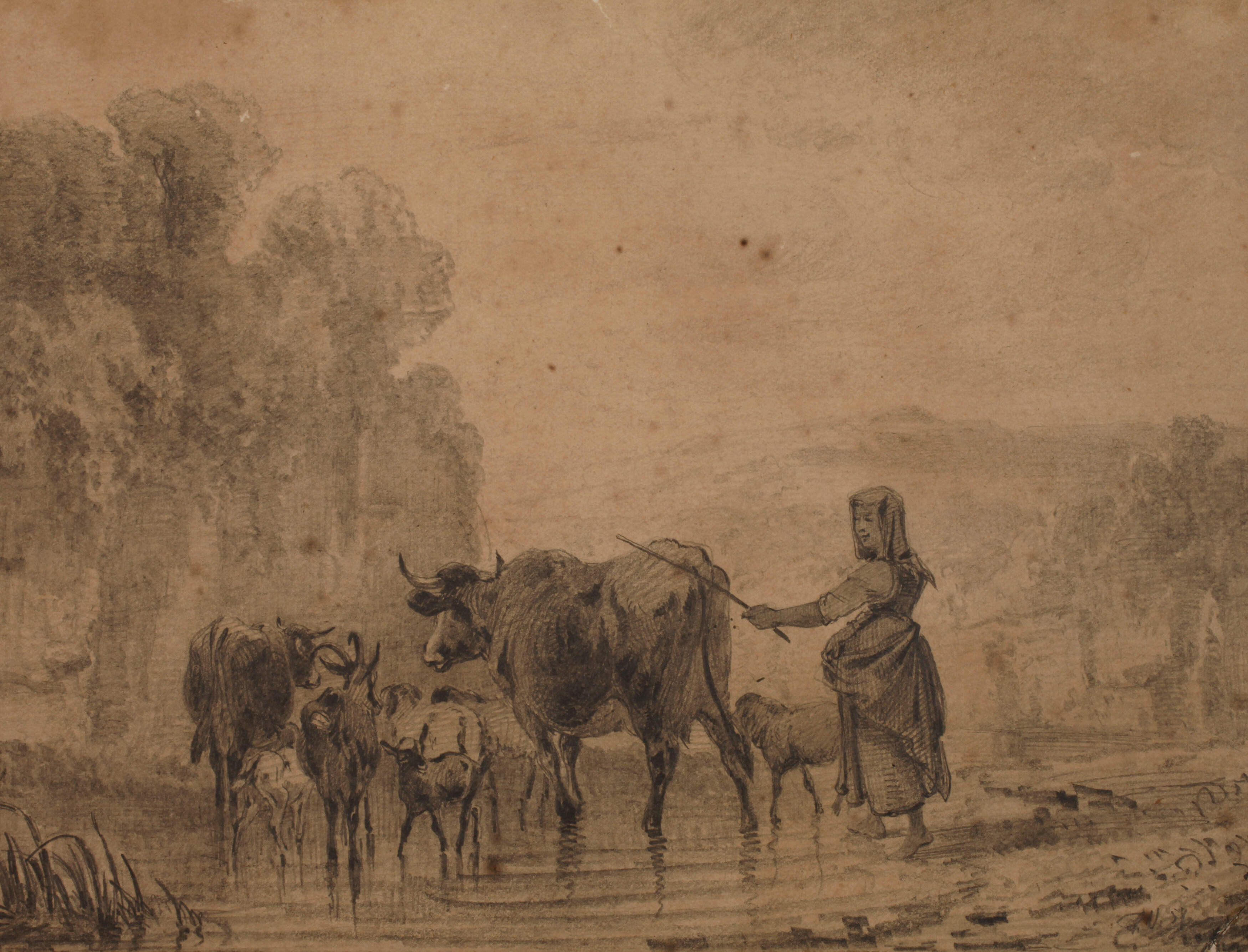 Prof. Friedrich Volz, attr., Vieh an der Tränke