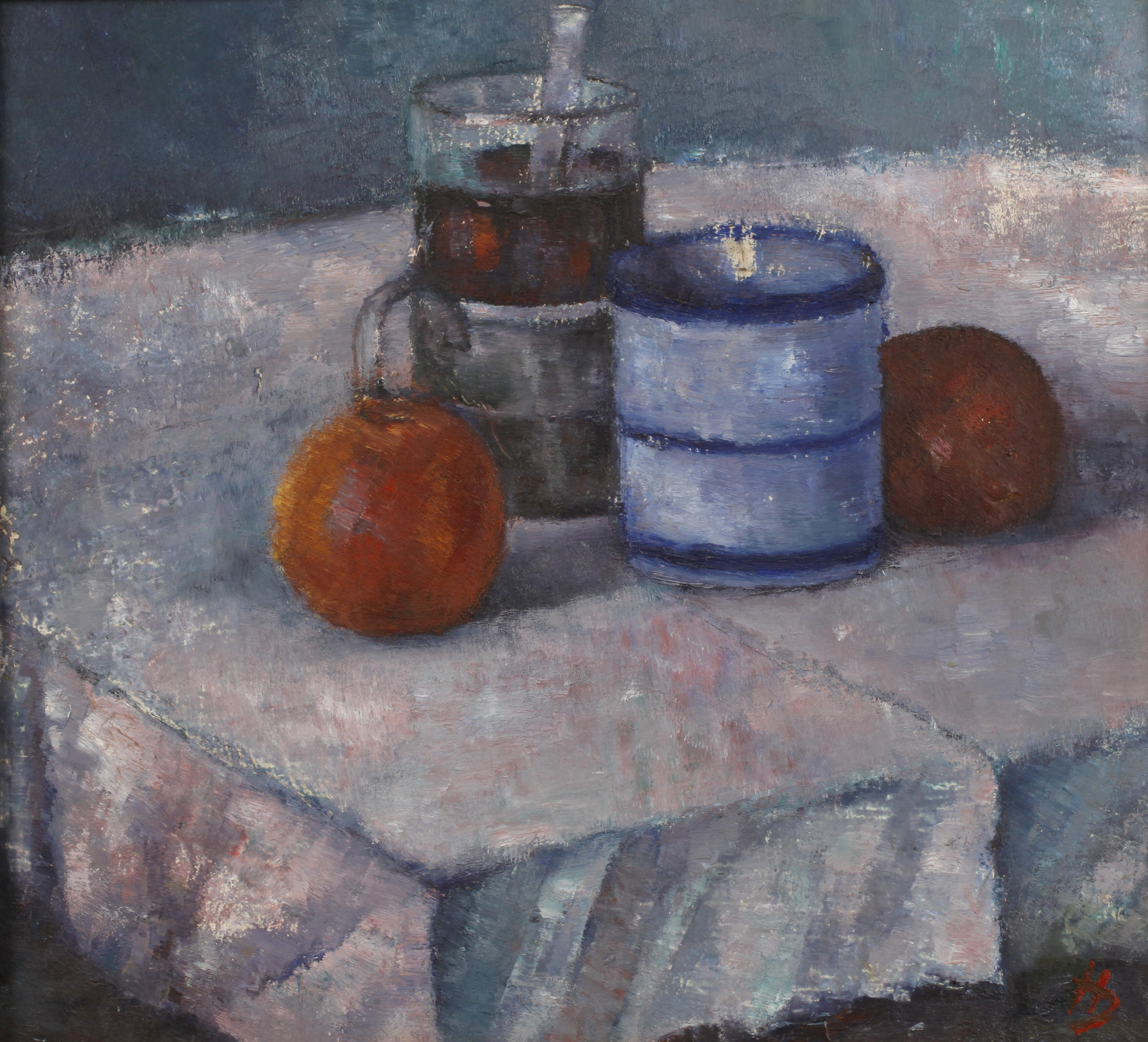 D, Hennig, "Stilleben mit 2 Äpfeln + Teeglas"