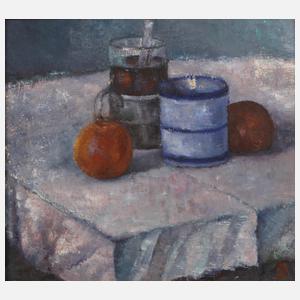 D, Hennig, "Stilleben mit 2 Äpfeln + Teeglas"