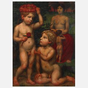 Mit Blumenkranz spielende Kinder