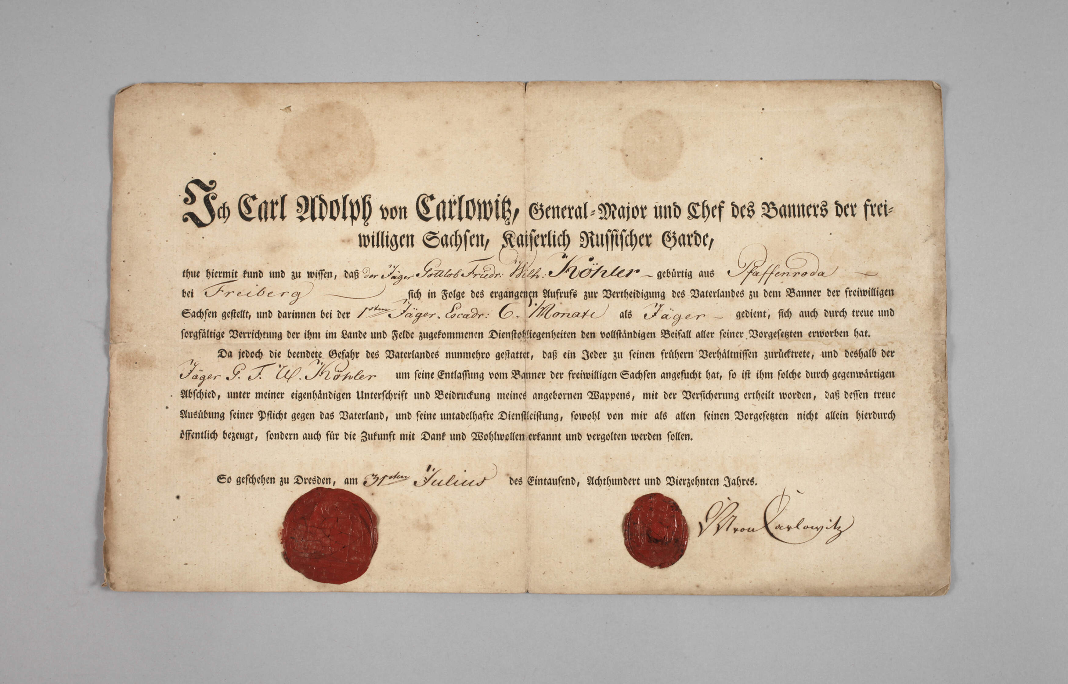 Entlassungsurkunde der Kaiserlichen Garde