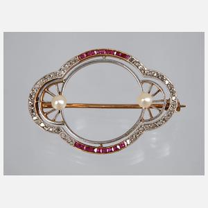 Art déco-Brosche mit Rubinen, Diamanten und Perlen