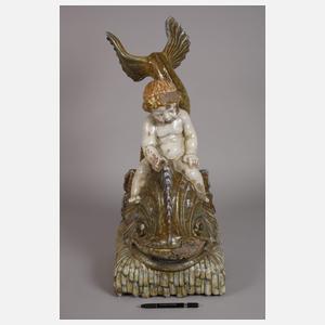 Großer Tischbrunnen Putto auf Fisch reitend