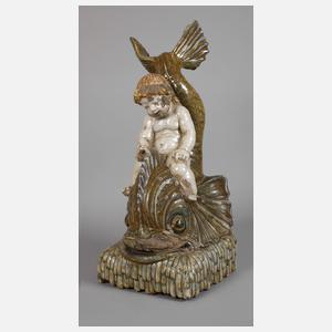 Großer Tischbrunnen Putto auf Fisch reitend
