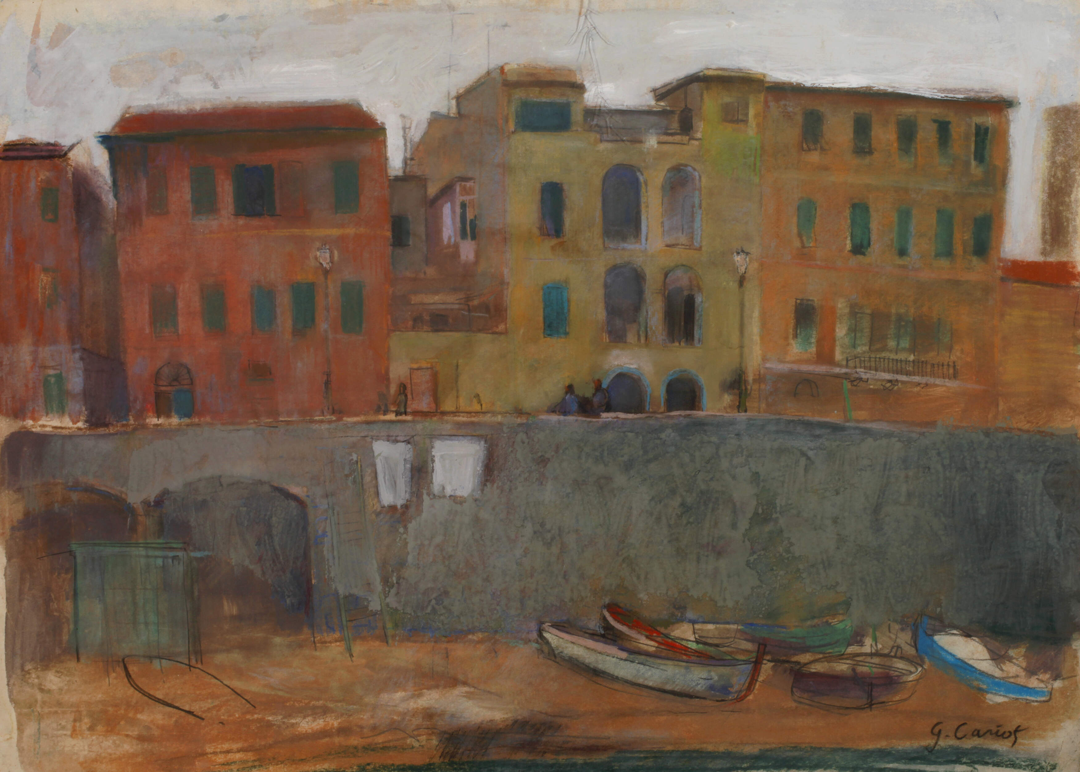 G. Cariot, Häuser am Ufer