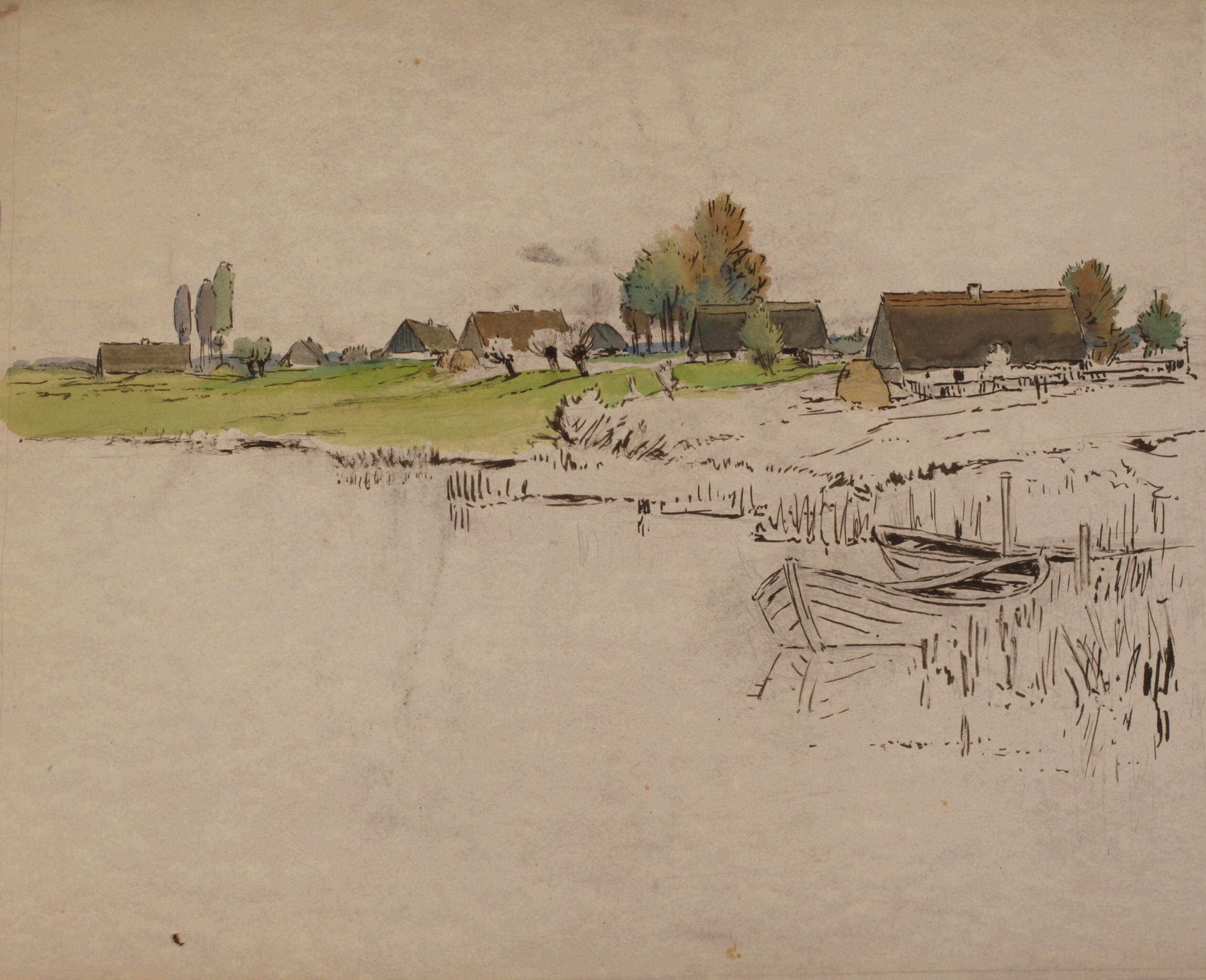 Alfred Tröger, attr., Hütten am Seeufer