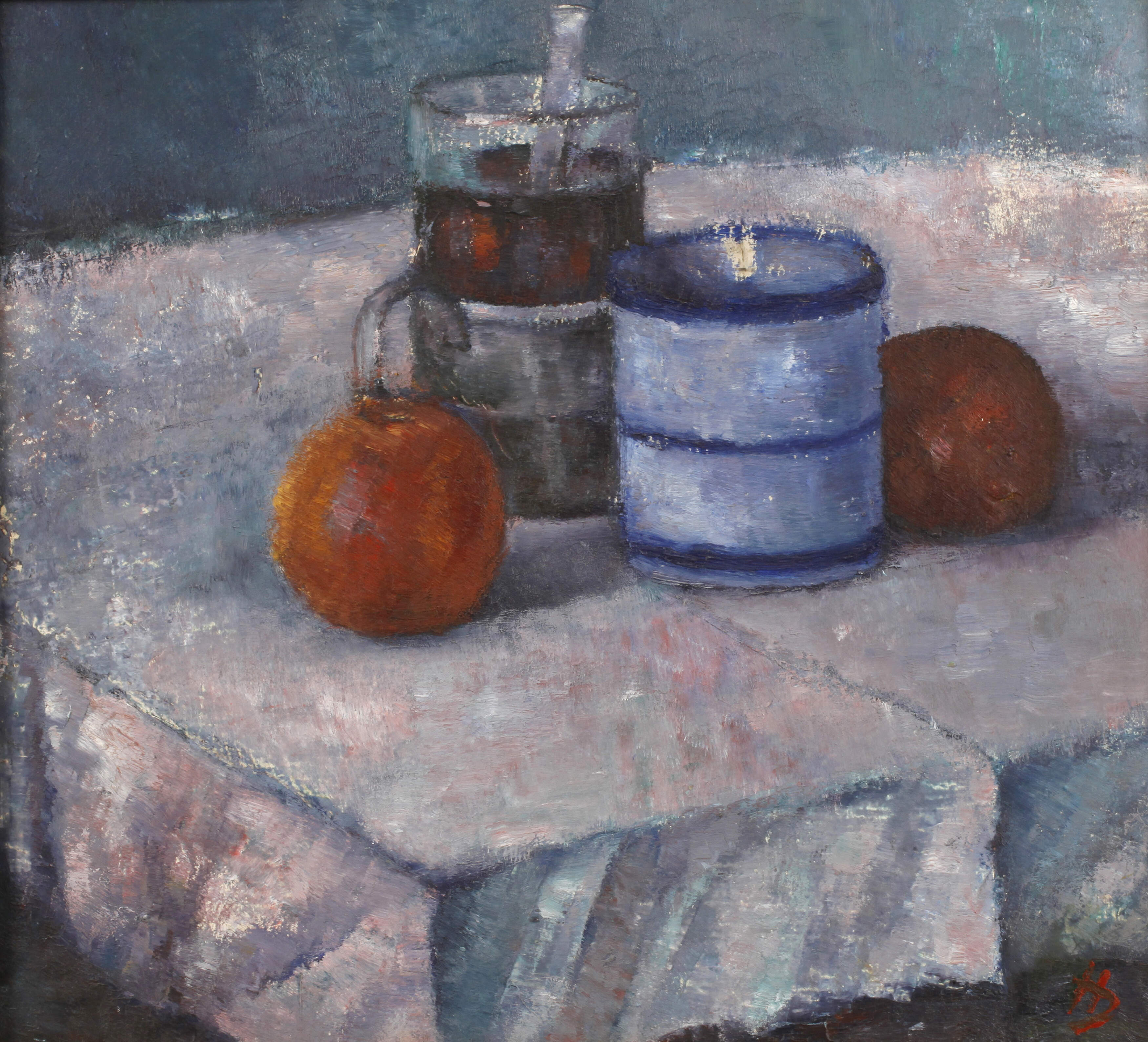 D, Hennig, "Stilleben mit 2 Äpfeln + Teeglas"