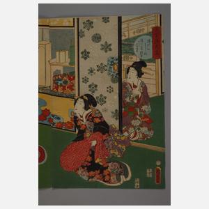 Dreiteiliger Farbholzschnitt Utagawa Kunisada II.