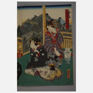 Dreiteiliger Farbholzschnitt Utagawa Kunisada (Toyokuni III.)