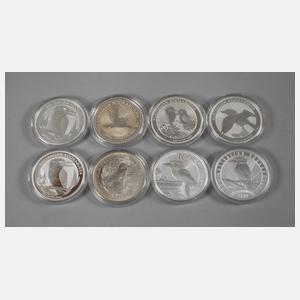 Acht Silbermünzen Australien Kookaburra