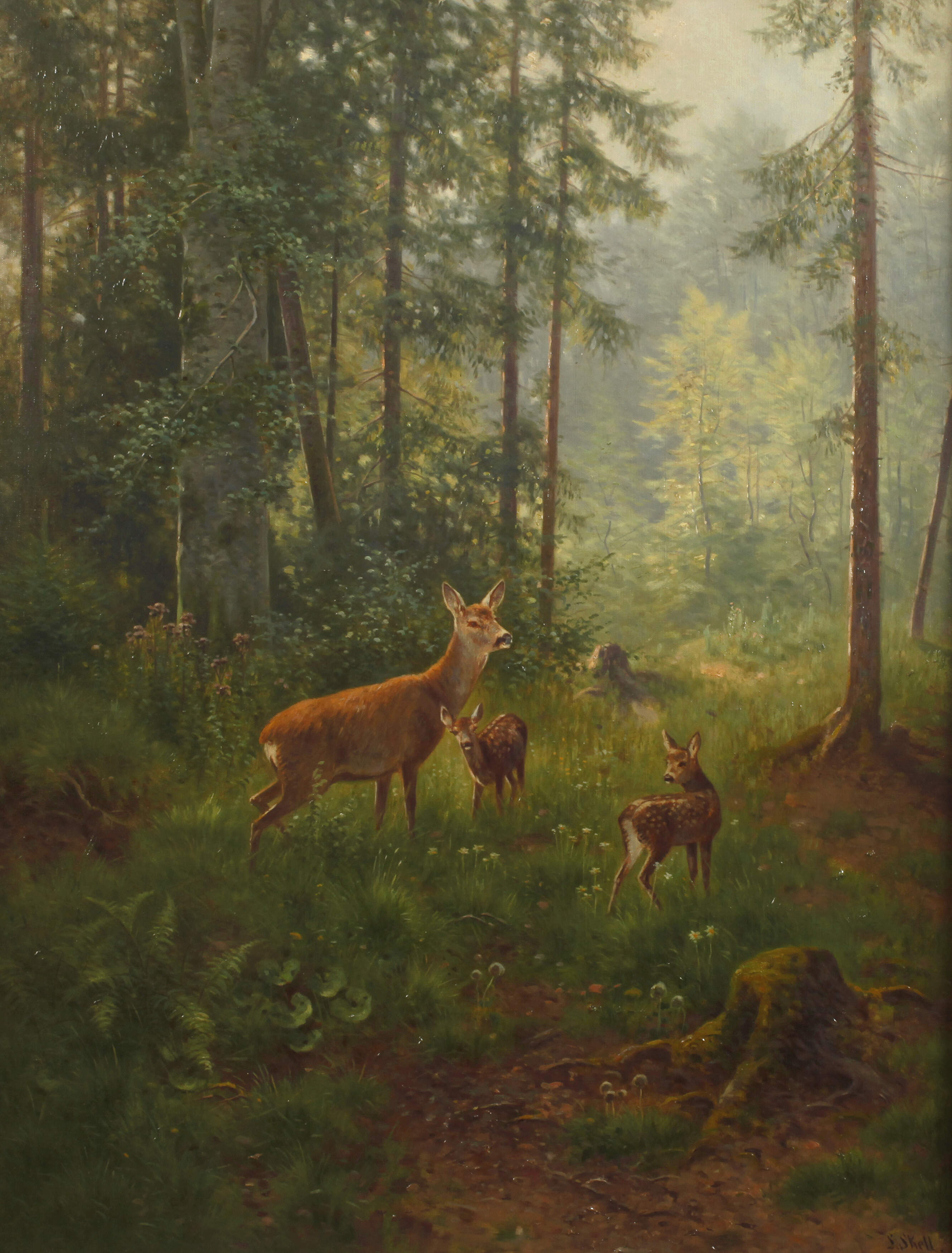 Ludwig Skell, Ricke mit Kitzen am Waldesrand